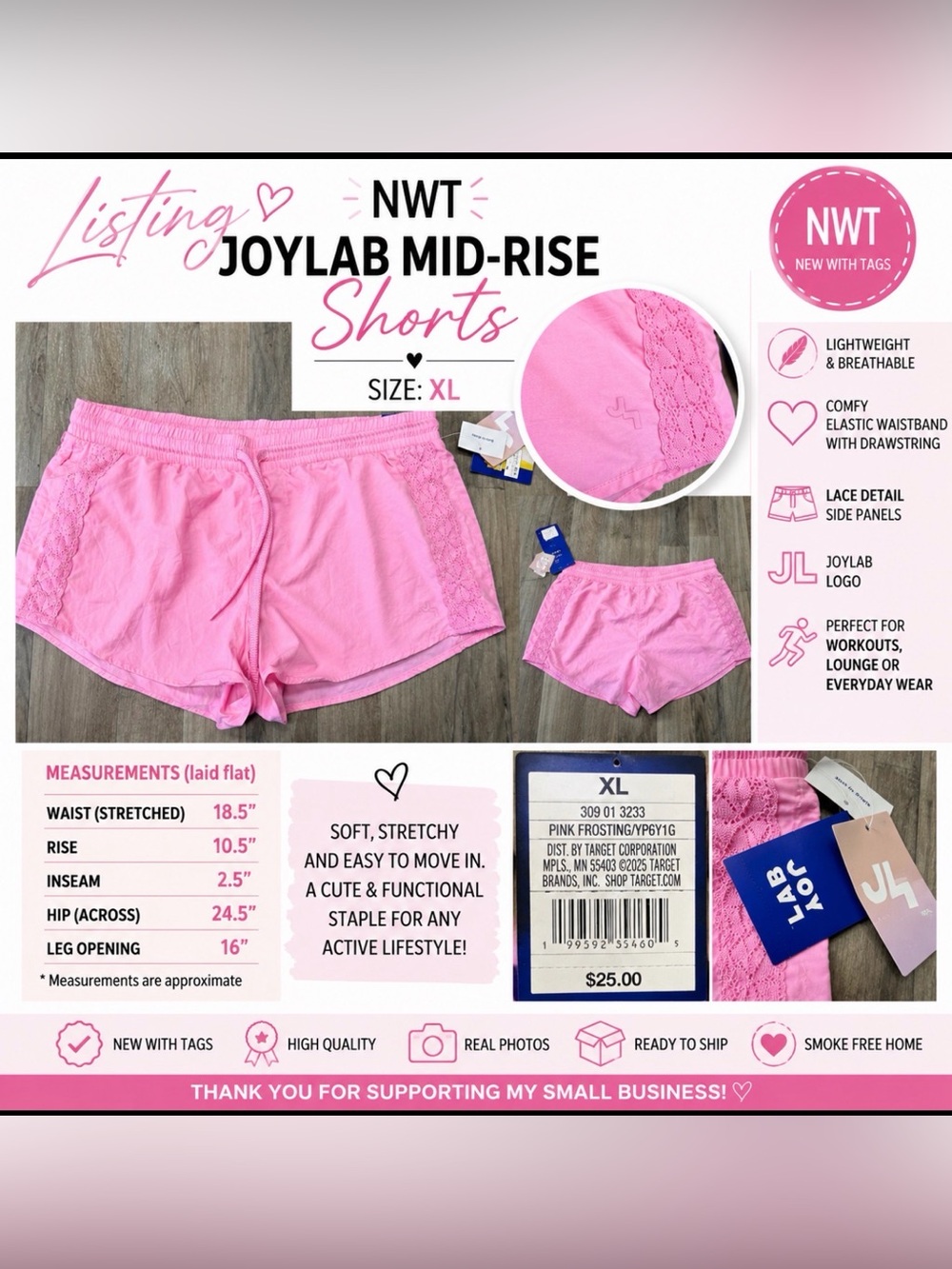 JoyLab Mid-Rise Pink Athletic Shorts with Lace Side Panels size xl